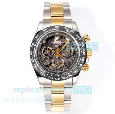 Super Clone Rolex Daytona Carbon Bezel Cal.4130 Two-Tone Gold Skeleton Dial Watch 